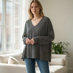 Eileen Fisher Black & White Striped Organic Cotton Sweater Everyday Preppy Cozy